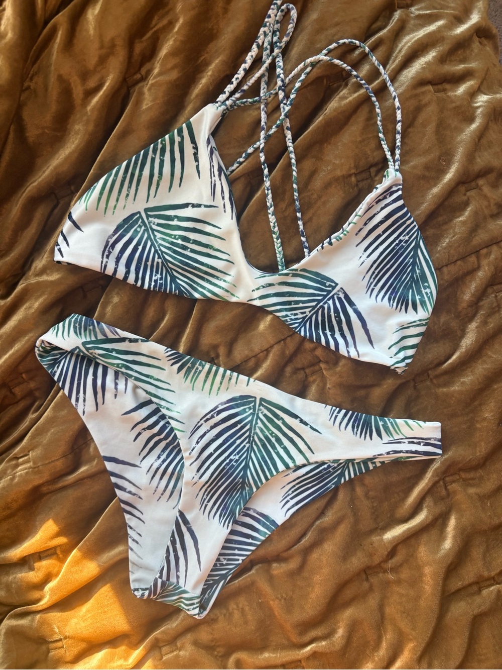 Stone Fox Swim White Bikini with Blue and Green Palm Leaves